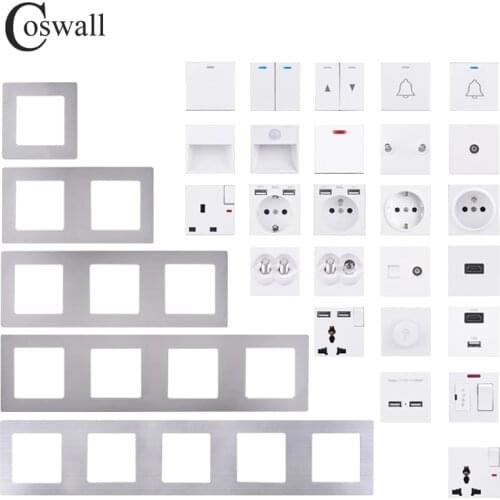COSWALL S08 Silver Stainless Steel Panel White Wall Switch EU French Socket HDMI-compatible USB Charger TV Internet Module DIY