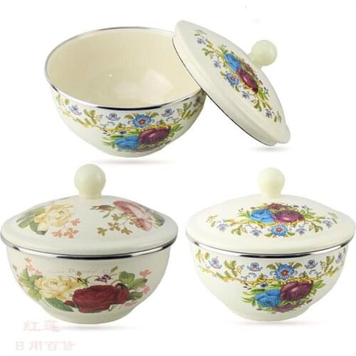 Enamel basin, enamel soup basin, enamel fruit basin. Enamel basin with cover, binding and freckle removing