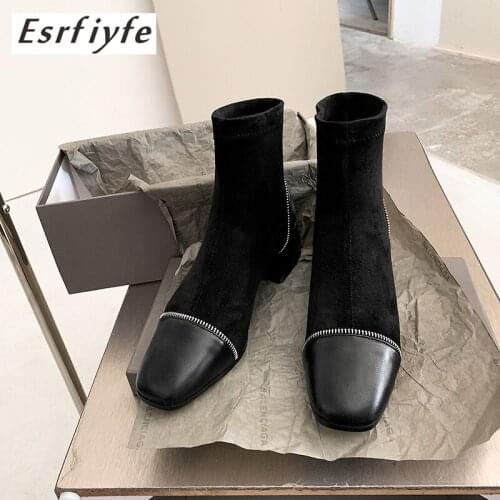 ESRFIYFE New Designer Fashion Style Womens Ankle Boots Flock Shoes for Autumn Winter High Heel Square Toe Working Shoes Feminimo