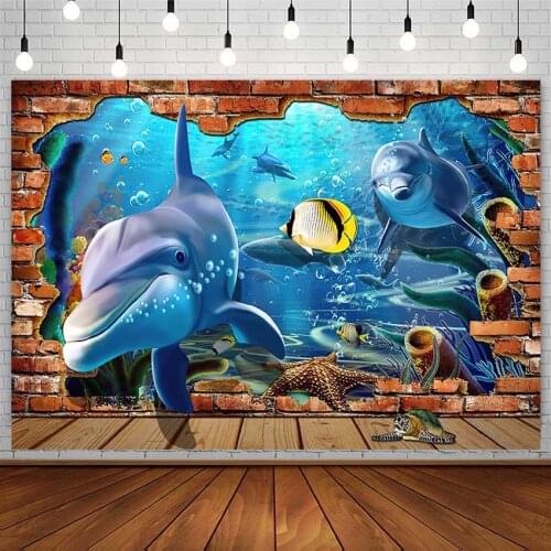 Aquarium Backdrop 3D Dolphin Ocean Starfish Bubble Brick Wall Birthday Baby Photography Background Photo Studio Decor Photozone