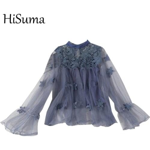 HISUMA 2PCS Autumn Flare Sleeve Women Embroidery Layer 3D Lace Flower Ruffle Shirt Lady Mesh Gauze Elastic Slim Chic Blouse Tops