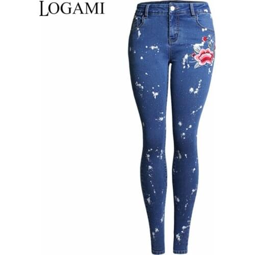 LOGAMI Skinny Embroidery Jeans Woman Pencil Denim Pants Ladies Casual Jeans 4XL Plus Size
