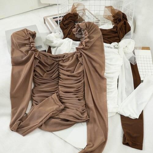 Fashion Mesh Chiffon Tops Vintage Square Collar Blouses Solid Long Sleeve Slash Neck Shirts Ladies Sweet Short Style Fit Shirt