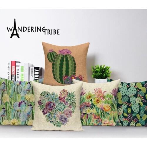 Cartoon Cushion Cover Cactus Pillow Vintage Decorative Living Room Cushions Flower Decor Throw Pillows Green Pillowcase 45*45
