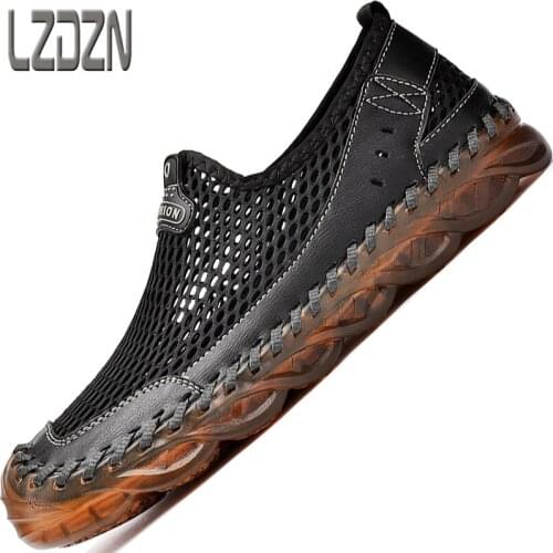 Mens Summer Baotou Sandals Driving Lazy Net Shoes Cloth Hollow Mesh No Laces One-Foot Genuine Leather Beef Tendon Soft Sole