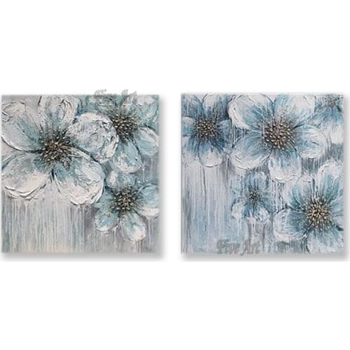 2PCS Group Canvas Art 100% Hand Painted Blue Lotus Flowers Oil Painting Modern Home Interior Decoration 2 Panels Canvas Wall Art