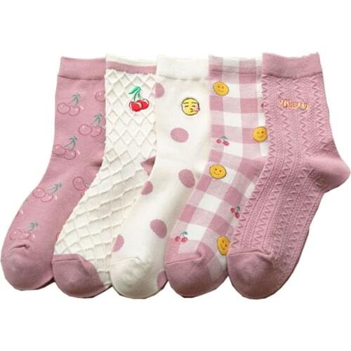 5 Pairs Women Socks Set Autumn Pink Cherry Smile Kawaii Plaid Japanese Soft Girl Pure Cotton Twist Harajuku Breathable Korean