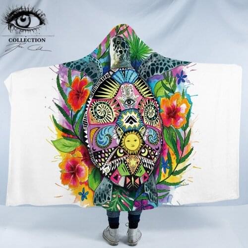 Turtle Life by Pixie Cold Art Hooded Blanket Bohemian Floral Colorful Sherpa Fleece Wearable Blanket Watercolor Tortoise manta
