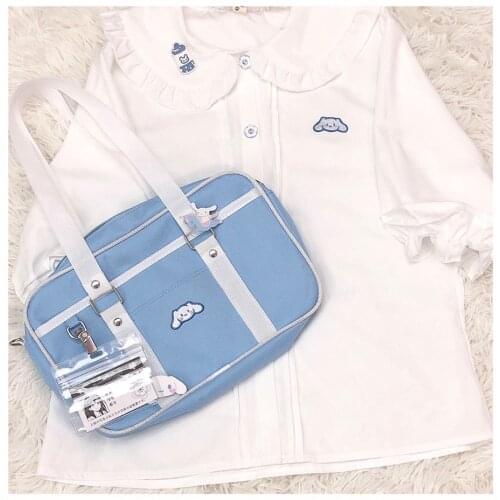 Original Design Cute Womens Summer White Dog Emrboidery Peter Pan Collar Short Sleeve Shirt White Blouse