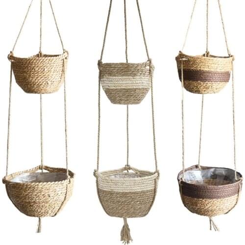 Natural Hand-woven 2 Tier Hanging Planter Basket Handmade Plant Hanger Decorative Hanging Planter Pot Holder For Home Decoration