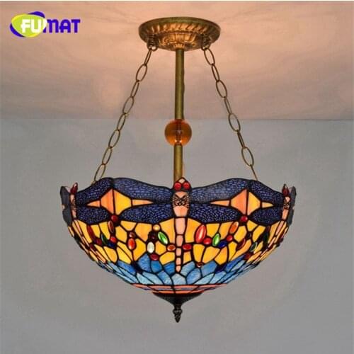 FUMAT Tiffany Pendant Lamp Dragonfly Grape 16 Inch Stained Glass Shade Green LED Hanglamp Living Room Hanging Fixture Lights