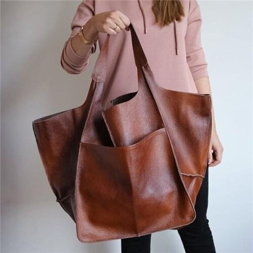 Casual Soft Large Capacity Tote Women Handbags Designer Look Luxury Pu Leather Shoulder Bag Retro Big Shopper Purses