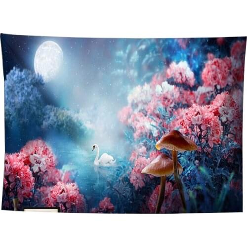 Pink flower tapestry psychedelic moon white swan wall cloth mushroom trippy tapestry wall fabric