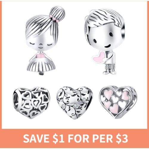 BISAER Lovers Love Series Charms Love Heart Boy Girl Alloy Charms Beads Fit Charm Bracelet DIY Jewelry Best Gift For Women Girl