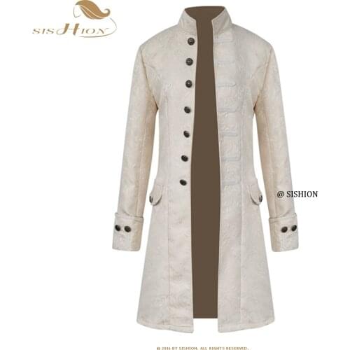 SISHION Adult Medieval Men Jacket VD1734 Black White Long Costume Turtleneck Battle Hero Outfit Vintage Cosplay Coat Jackets