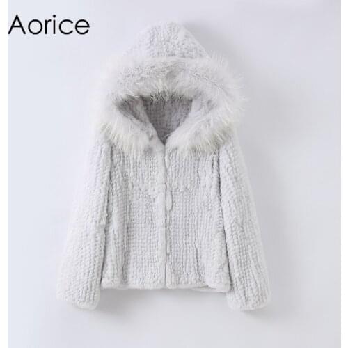 Aorice Women Real Rabbit Fur Coat Jacket New Female Knitted Casual Raccoon Hood Coats Jackets Parka CT124