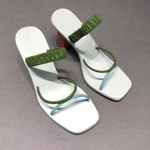 New Narrow Band Mules Shoes Women Building Blocks Heels Sandals Women Mixed Color Sexy High Heels Summer Shoes Woman Slippers