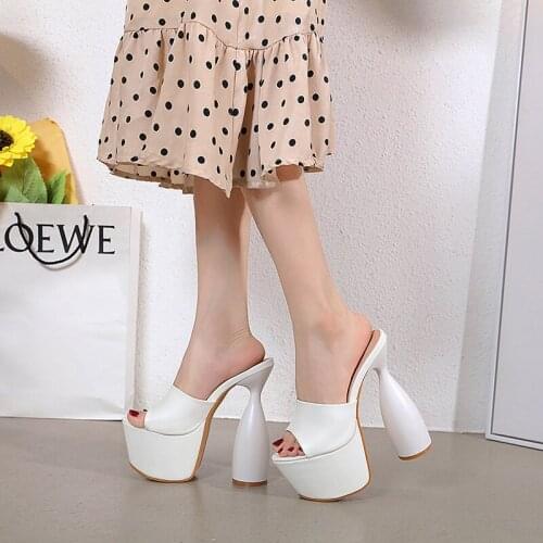 New Strange Heel Slipper High Heel Platform Half Sandals Milk White Super High Heel Slippers Womens Party Shoes Flip Flops Lady