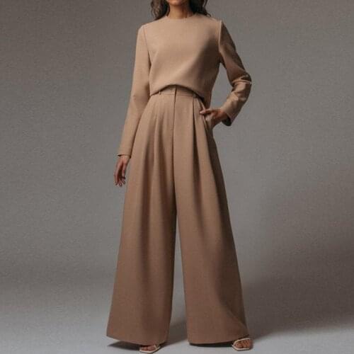 Spring Autumn Women Sexy 2 Piece Sets Homewear O Neck Top Shirt and Wide Leg Pants Suit Vintage Long Sleeve Solid Casual Outfits