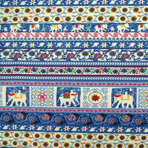 1 yard Cotton Twill Fabric for sewing pathwork, cloth, bedding - Stipe, block, elephant and flower (width=160cm)
