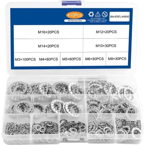410Pcs/Box M3 M4 M5 M6 M8 M10 M12 M14 M16 304 stainless steel serrated inner tooth lock washer kit toothed gasket box set