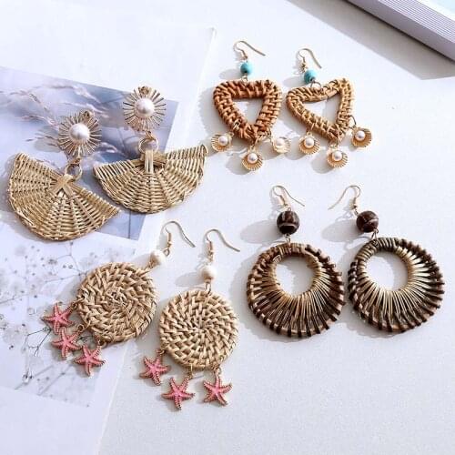 Bohemian Handmade Straw Woven Vine Rattan Knit Drop Earrings For Women Fashion Boho Round Semicircle Heart Geometric Earring