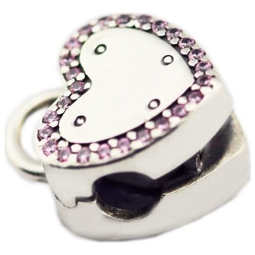 CKK Lock Your Promise Clip, Fancy Fuchsia Pink Charms 925 Sterling Silver Beads Original Jewelry Fits For Bracelets