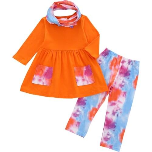 Baby Girl Long Sleeve Pocket Top Dress Trousers Tie-dye Print Set Pullover T-shirt Bib Toddler Children Autumn Clothes 2-7Y