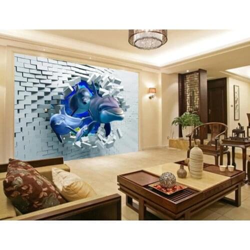 Custom Any Mural 3D Brick wall broken wall deep sea animal dolphin Backgrounds Mural Living Room Sofa Bedroom wallpaper