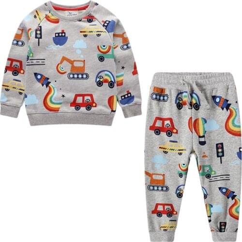 Boys Clothes Sets Excavator Rocket Long Sleeve Sweatshirts Cotton Trousers Clothing Sets with Cartoon Cars Print Clothes Suits