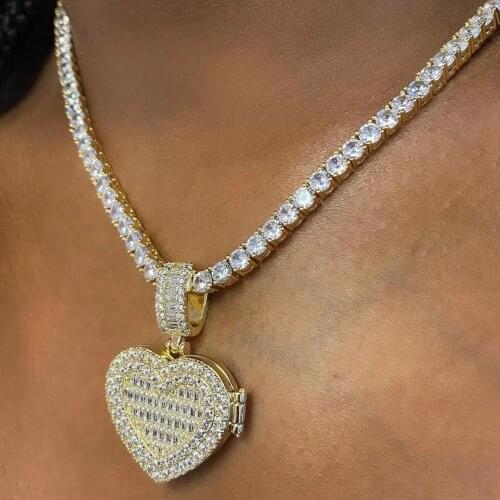 Iced Out Bing 5MM Tennis Chain Cubic Zirconia heart shape charm pendant necklace hip hop women men jewelry photo frame pendant