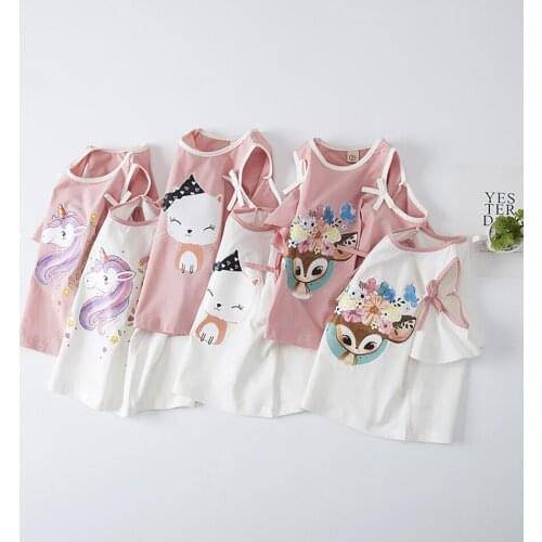Summer Fashion Girls Unicorn T-shirt New Off Shoulder Children Short Sleeves White Pink Tees Baby Kids Cotton Tops for Clothes