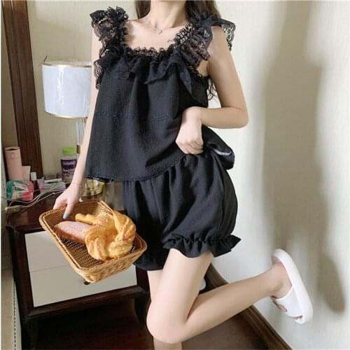 Sweet Lace Floral Strap Top Pajamas Sets 2PCS Summer Lounge Home Wear Sleepwear Cotton Nightwear M-XXL Lingerie Pyjamas Suit