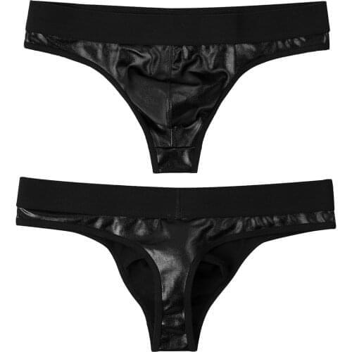 Sexy Mens Shiny Briefs Gay Underwear Wetlook Patent Leather Bulge Pouch Briefs Underpants Low Rise Elastic Waistband Thongs