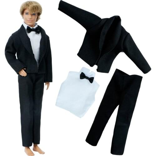 1 Set Men Outfit Coat + Vest + Trousers Bow Formal Black Suit Tuxedo Wedding Party Wear Accessories Clothes for Barbie Ken Doll