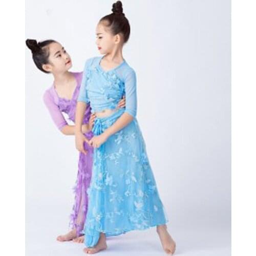 NEW flower-Mesh design Kids Dance Training Set Dress Child Girls professional Belly Dance Wears Clothes Tops&Skirt 2pcs/set M/L