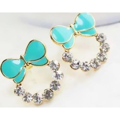 Wholesales New Design Korean Version Candy-Colored Bow Inlaid Crystal Earrings Jewelry