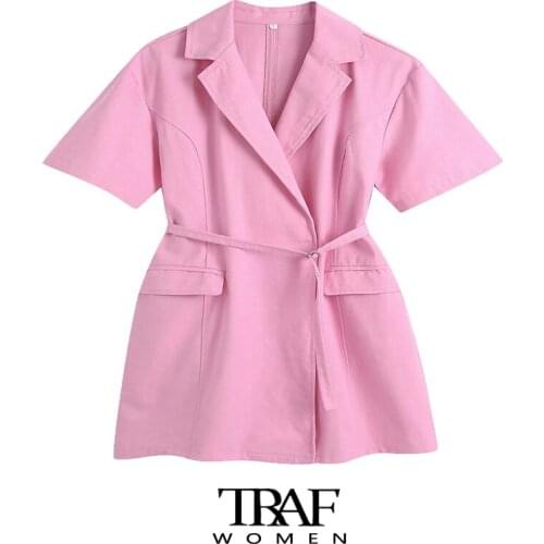 TRAF Za Women Fashion With Belt Double Breasted Linen Mini Dress Vintage Short Sleeve Flap Pockets Female Dresses Mujer