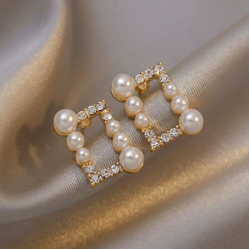 Luxurious Rectangle Rhinestone Pearl Stud Earrings for Women 2021 New Fashion Delicate Jewelry Ear Studs Trendy Square Earrings