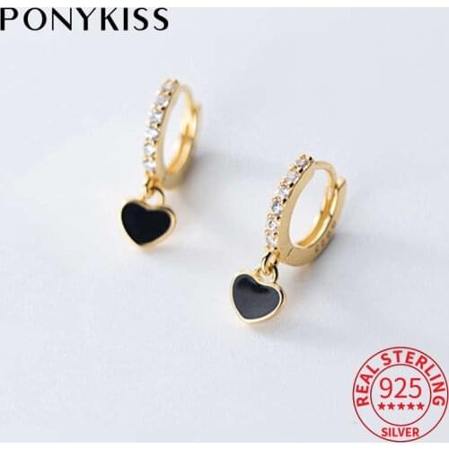 PONYKISS Romantic S925 Sterling Silver Black Heart Zircon Minimlist Hoop Earrings Women Party Fine Jewelry Accessory chic Gift