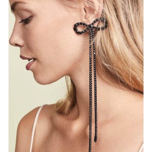 Bow Black White Color Rhinestone Long Chain Dangle Earring Multi Layer Fashion Bohemian Collection Drop Earrings Women Jewelry