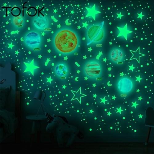 Tofok Luminous Solar System Planetary Meteor Dot Fluorescent Stickers Childrens Room Self-adhesive Cartoon Wall Stickers