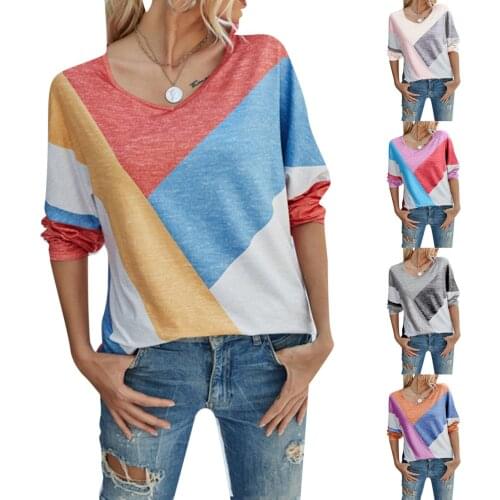 Womens Patchwork Casual Shirts Autumn Fashion V Neck Long Sleeve Color Matching Tops Girl Loose Print Sweatershirt Pullover