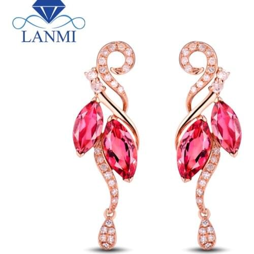 Ladies Natural Pink Marquise Tourmaline Stud Earring Solid 18K Rose Gold Diamond Genuine Gem Wedding Jewelry for Women