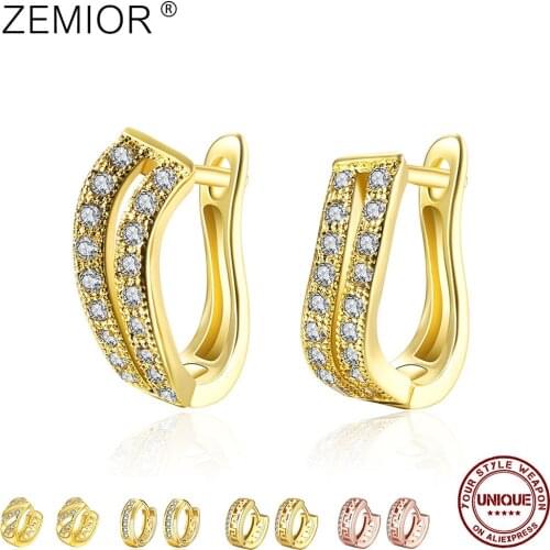 ZEMIOR Hoop Earrings For Women Hollow Out Single Row Round Cubic Zirconia Gold Color Earring Anniversary Female Fashion Jewelry