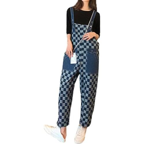 2021 Summer Fashion Korean Elegant Women Demin Jumpsuit Young Lady Causal Straight Wide-Leg Loose Plaid Suspenders Jeans Suit