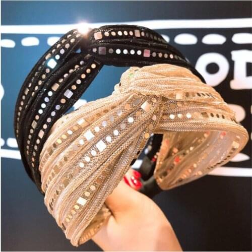 2021 New Golden Lace Sequin Cross Headband Fashion Hairband Hair Accessories Women Girls Super Flash Vintage Hair Hoops Headwear