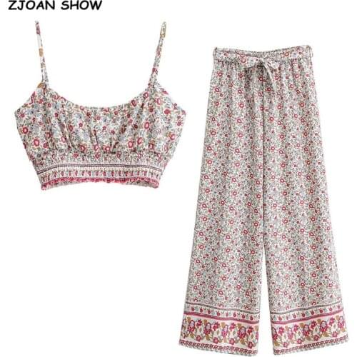 2021 Holiday Elastic Hem Floral Print Bra Tank Top Crop Top Sexy Women Tie Bow Sashes Wide Leg Pants Ruched Camis 2 Pieces Set