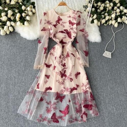 Guilantu Spring Summer Mesh Embroidery Butterfly Long Dress Women Elegant Sexy Club Evening Party Robe Longue Ladies Dresses