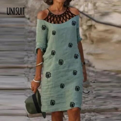 Summer Vintage Print Ladies Dress Fashion Short Sleeve Hollow Out Mini Dresses 2021 Casual Loose Party Dress For Women Vestidos